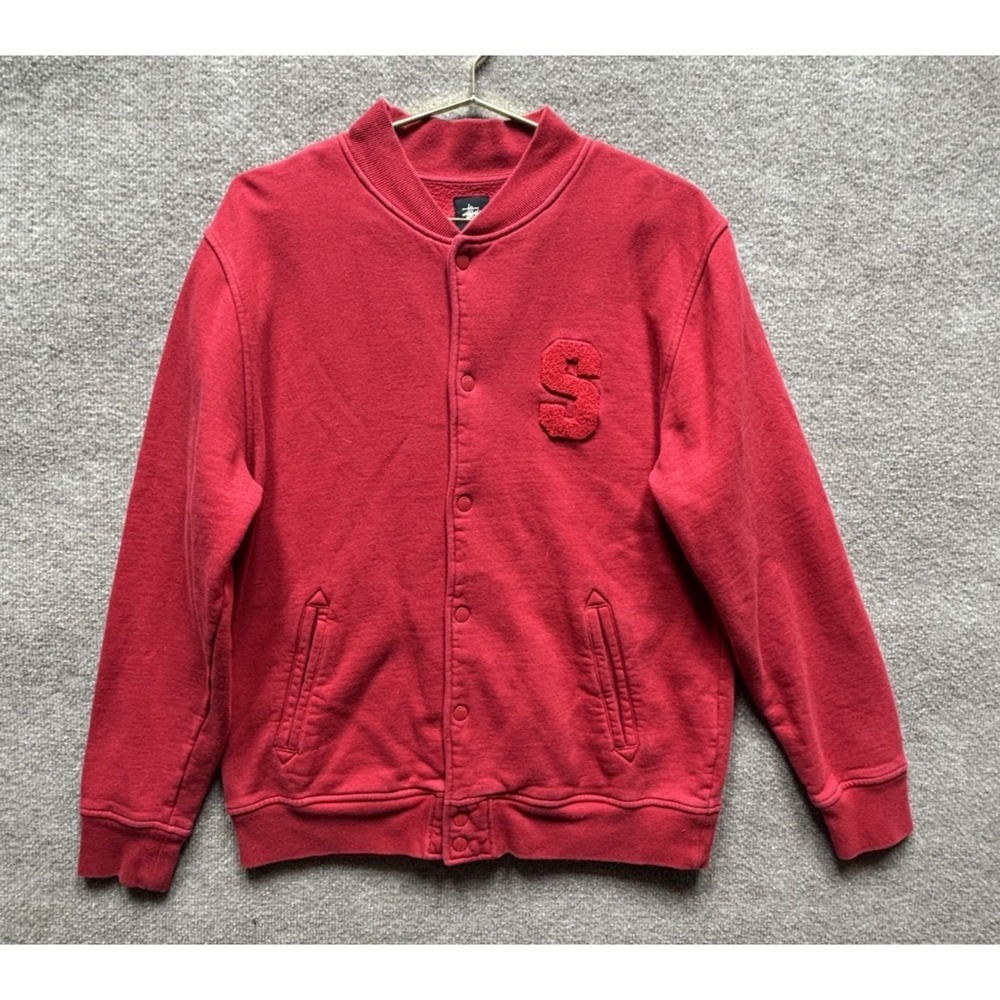 Stussy International Tribe Varsity Snap Jacket Red Embroidered Logo Patch Men XL